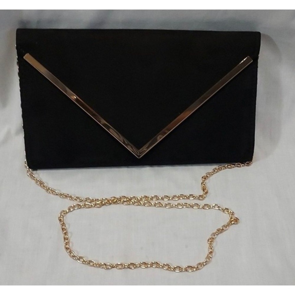 Aldo Black Faux Suede Envelope Clutch Bag Gold V Hardware Chain Strap
